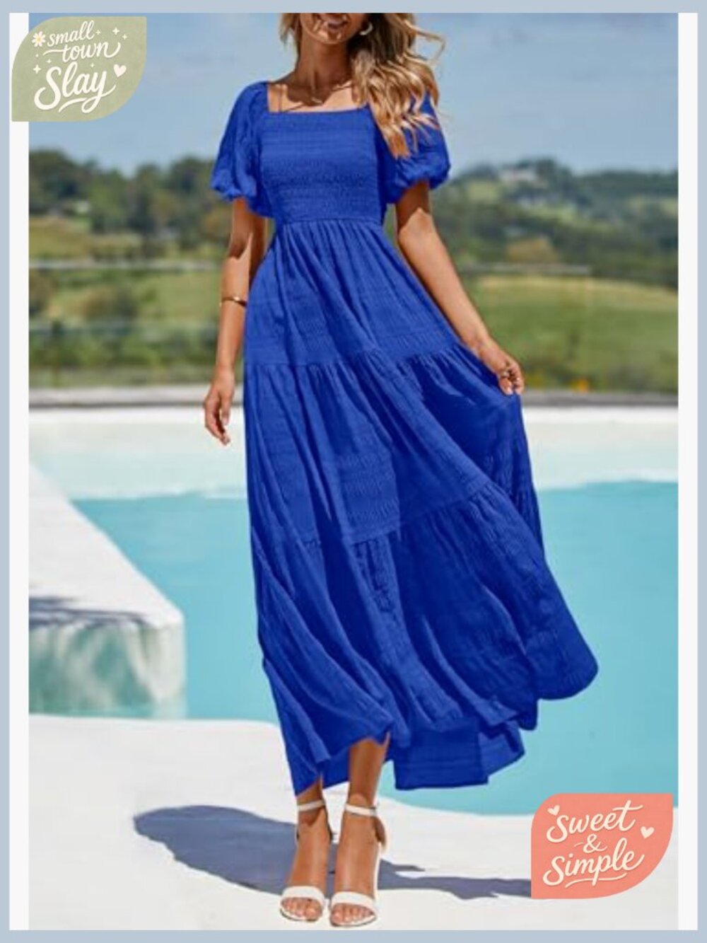 Puff Sleeve Maxi Dress Smocked Tiered Ruffle A-Line Summer Beach - Picture 5 of 7